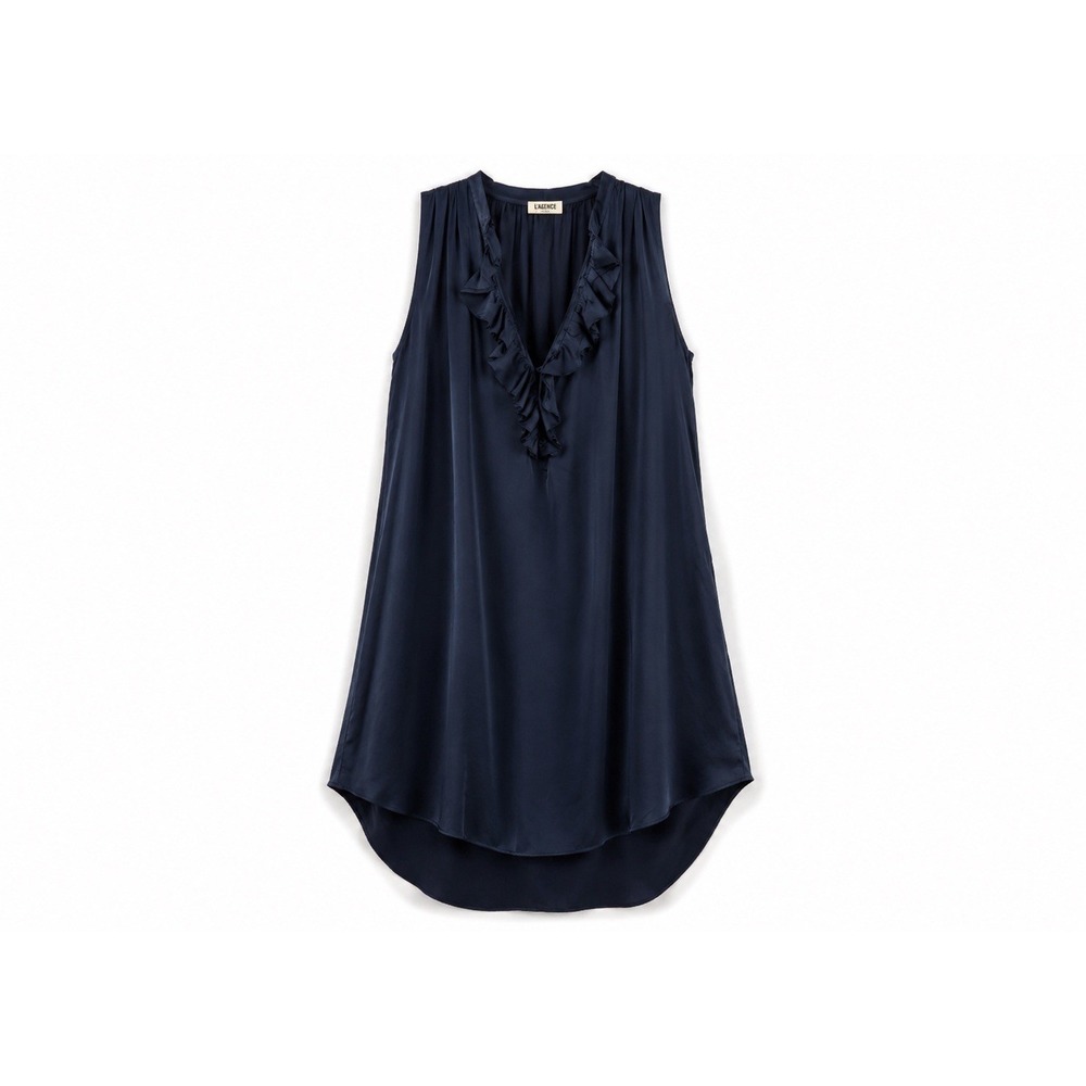 L'Agence Navy Cupro Shift Dress Ruffle V Neck Sleeveless Pockets Womens Size 1